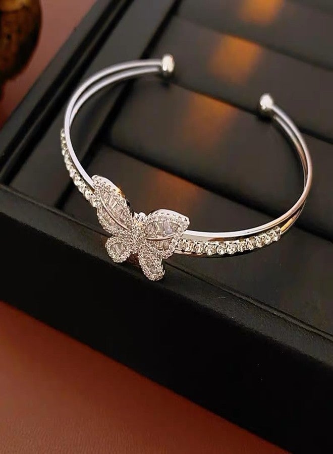 Cykdohy Sparkly Rhinestones Butterfly Open Layered Bangle Bracelet for Women Cubic Zirconia Fashion Dainty Double Layer Crystal Adjustable Wrap Cuff Bracelets Wrist Hand Jewelry Prom Party Gift for Her (Silver) - Image 5